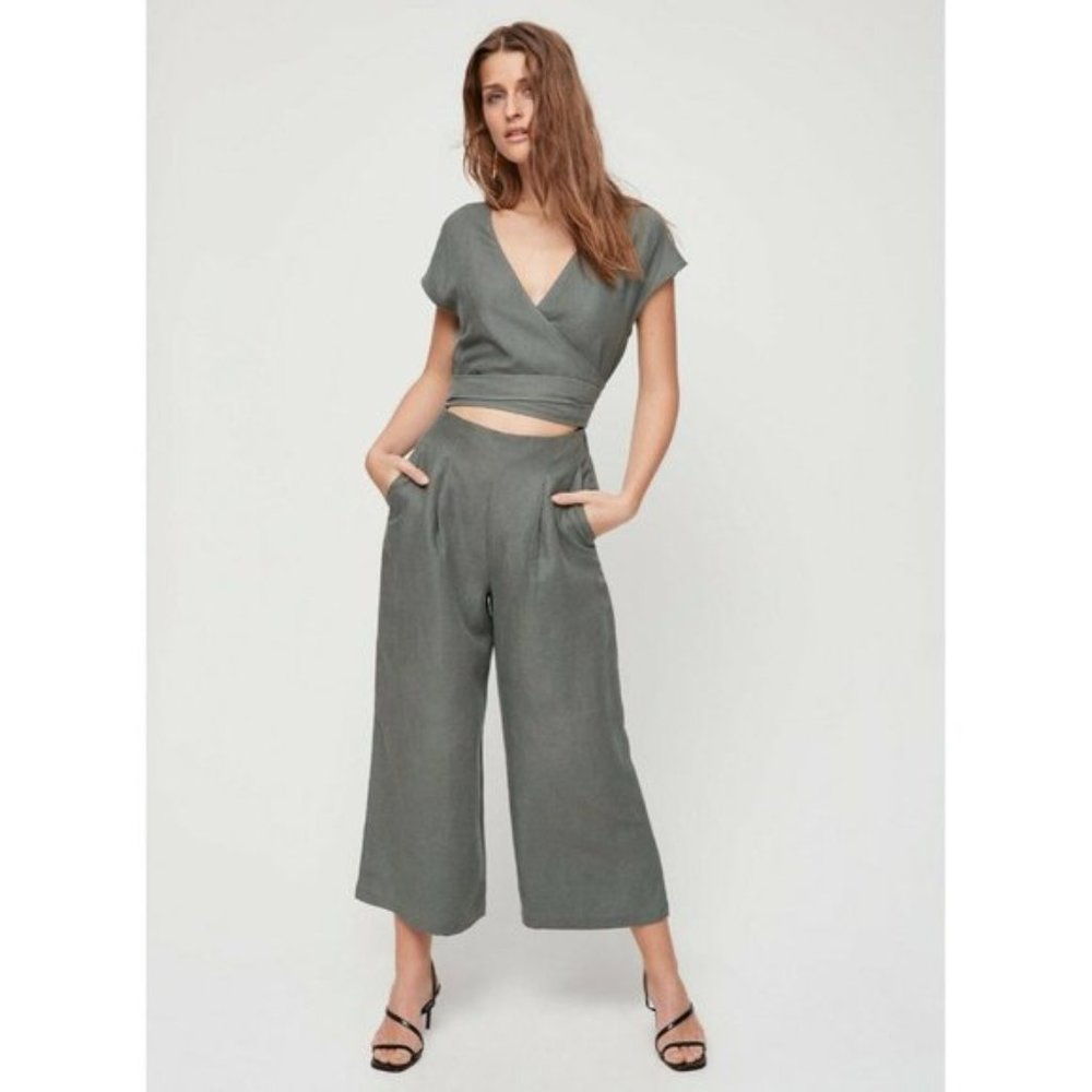 Aritzia Wilfred Linen Brax Wrap Jumpsuit in Green